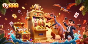 Witness the excitement at fly888 with a dinosaur headbutting a slots machine amidst a cascade of jackpot coins.