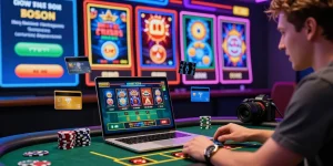 Player at being-there.org.uk enjoying live dealer casino games with credit cards and colorful slot displays