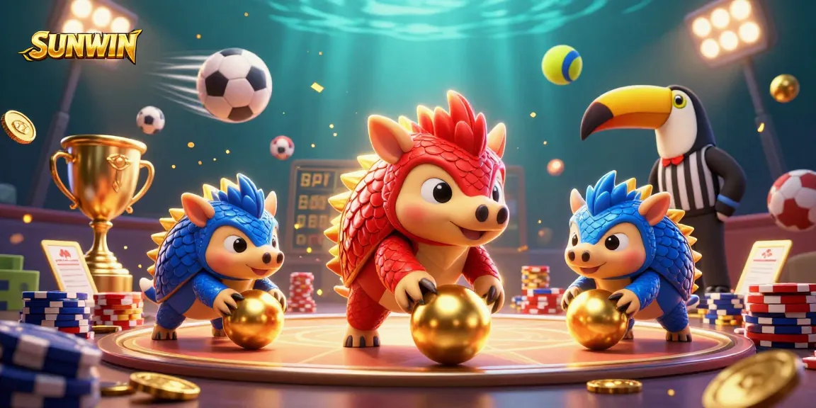 SUNWIN rivals roll into golden balls, surrounded by poker chips and vibrant sports elements in a dynamic casino scene.