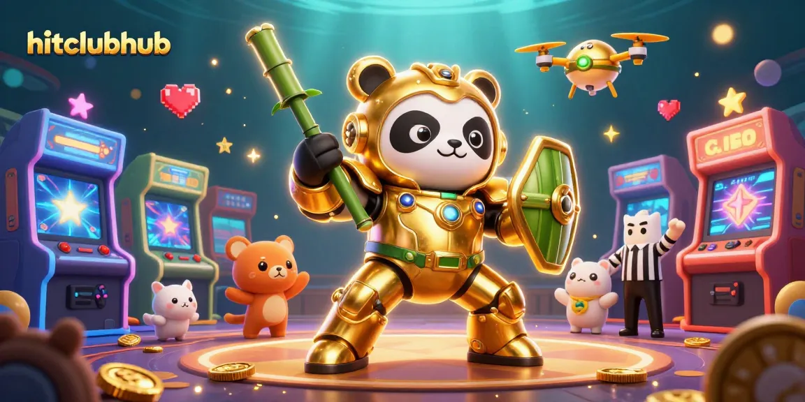 Engage with hitclubhub's vibrant gaming scene, showcasing a golden panda in a mech-suit at an arcade casino.