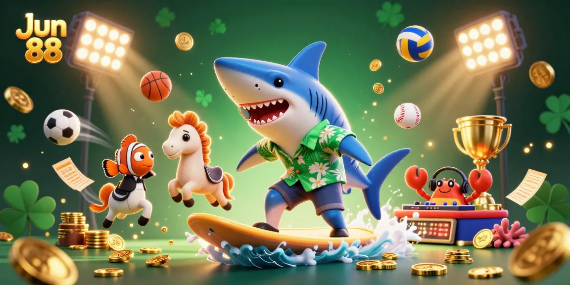 Experience fun with Jun 88 through a dynamic 3D casino scene featuring vibrant characters and gambling elements.