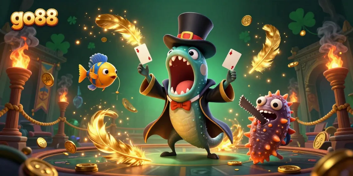 Experience thrilling card tricks with go88 in a whimsical underwater casino scene featuring unique characters.