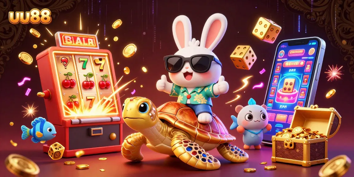 Experience excitement at uu88 with a lucky rabbit and golden turtle among colorful casino elements.