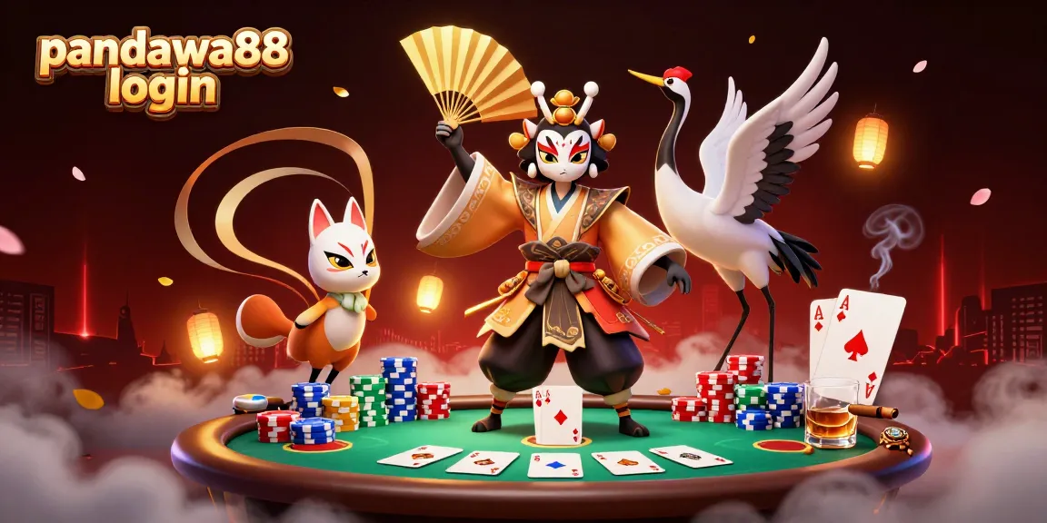 Pandawa88 login to win big at poker with kabuki warrior and kitsune mask in vibrant 3D casino scene.