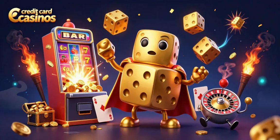 Engaging scene showcasing credit card casinos with golden dice golem juggling amidst vibrant casino elements.