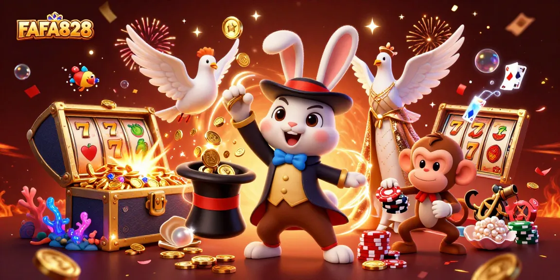 Join the excitement at FAFA828 with a 3D magician rabbit, diving casino treasures, and playful monkey adventures!