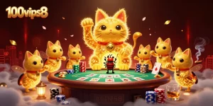 Experience the vibrant casino world of 100vips8 featuring a magical lucky cat surrounded by poker chips and cards.