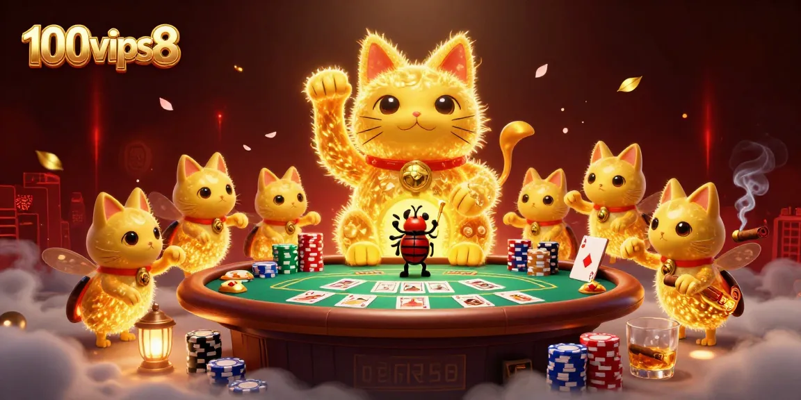 Experience the vibrant casino world of 100vips8 featuring a magical lucky cat surrounded by poker chips and cards.
